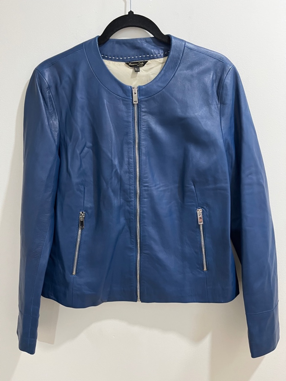 Massimo Dutti Women’s Leather Jacket Large Sheep Leather Blue Round Neck Silver